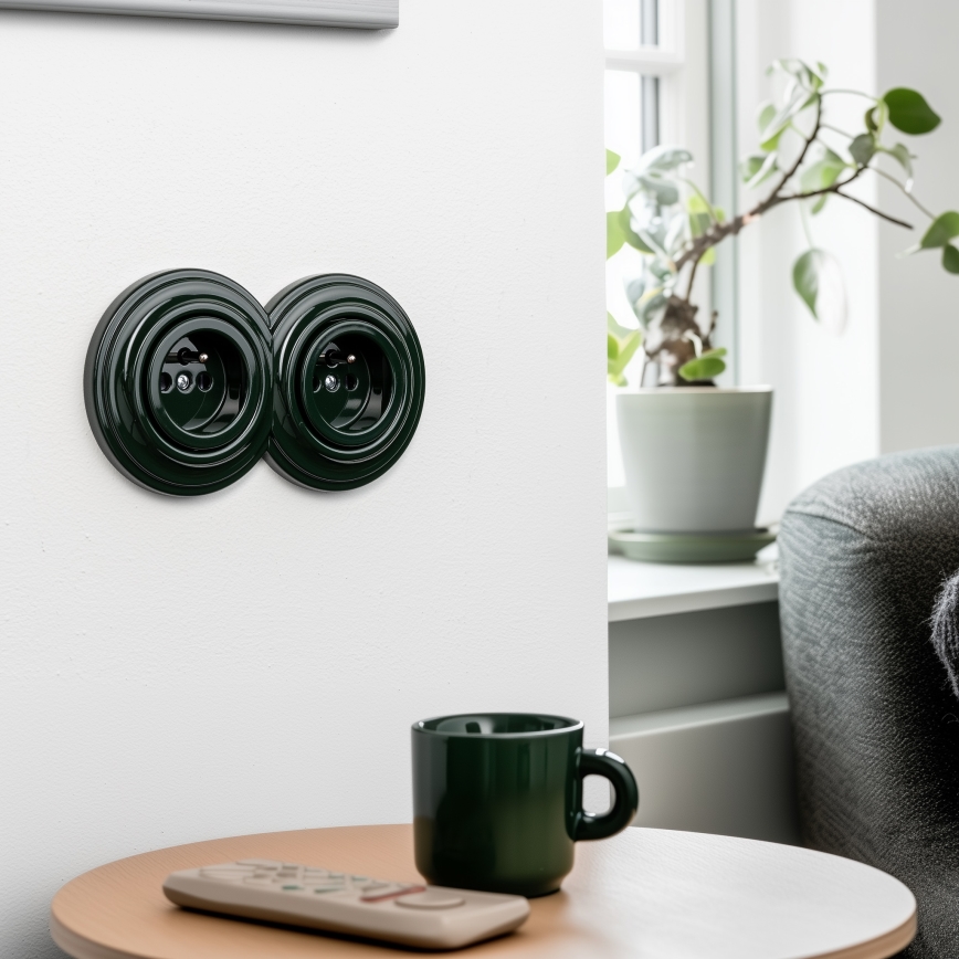 Reblig - Dubbele retro-wandcontactdoos met frame 230 V groen