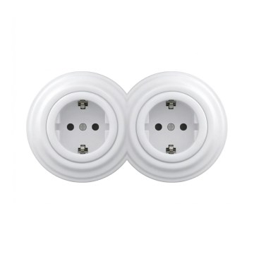 Reblig - Dubbele retro wandcontactdoos met frame SCHUKO 230V sneeuwwit