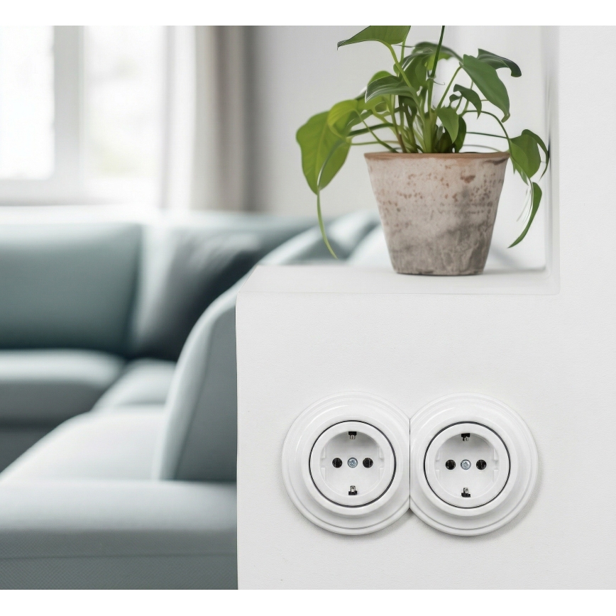 Reblig - Dubbele retro wandcontactdoos met frame SCHUKO 230V sneeuwwit