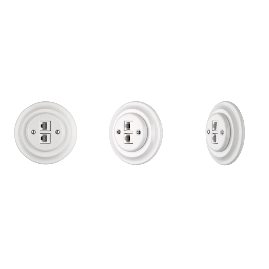 Reblig - Porseleinen retro Ethernet-wandcontactdoos zonder afdekraam, 2x CAT5e, wit