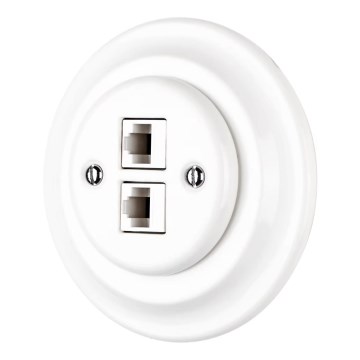 Reblig - Porseleinen retro ethernet-wandcontactdoos met afdekraam, 2x CAT.5E, wit