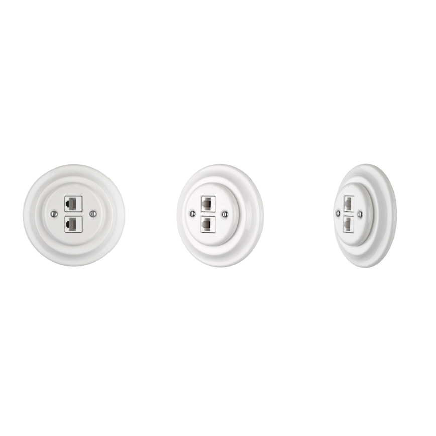 Reblig - Porseleinen retro ethernet-wandcontactdoos met afdekraam, 2x CAT.5E, wit