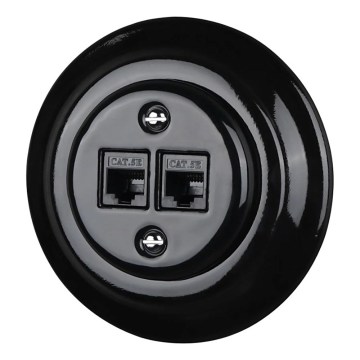 Reblig - Porseleinen retro Ethernet-wandcontactdoos met afdekraam 2xCAT.5E zwart