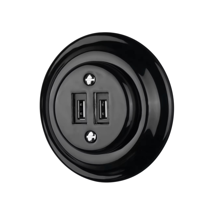 Reblig - Porseleinen retro USB-wandcontactdoos, randloos, 2x USB-A, zwart