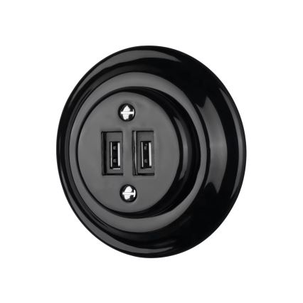 Reblig - Porseleinen retro USB-wandcontactdoos met afdekraam, 2x USB-A, zwart