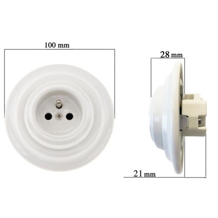 Reblig - Porseleinen retro-wandcontactdoos met afdekraam SCHUKO 250V/16A wit