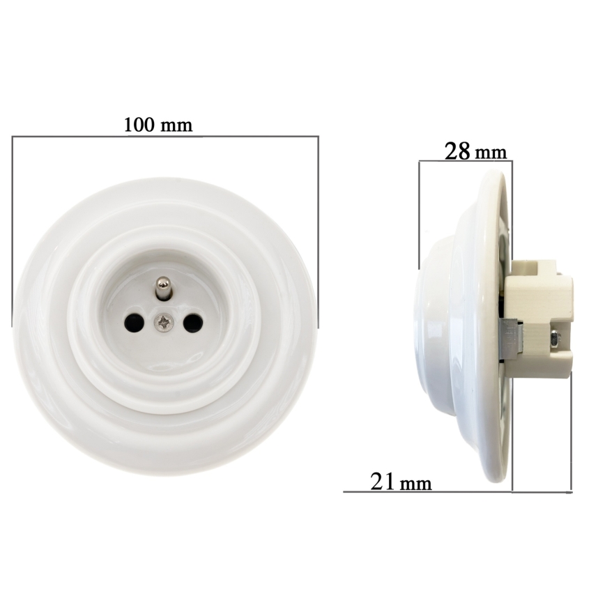 Reblig - Porseleinen retro-wandcontactdoos met afdekraam SCHUKO 250V/16A wit