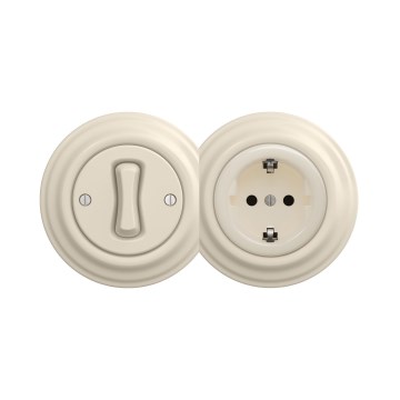 Reblig - Retro eenpolige schakelaar nr. 1 en SCHUKO-stopcontact 230V met beige afdekraam
