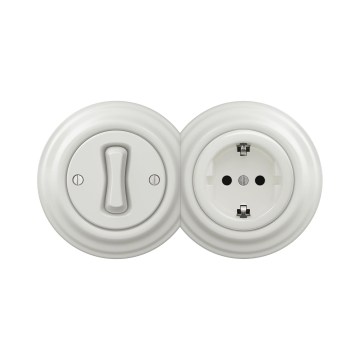 Reblig - Retro eenpolige schakelaar nr. 1 en SCHUKO-stopcontact 230V met keramisch frame, wit