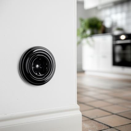 Reblig - Retro huishoudelijk stopcontact met afdekraam SCHUKO 230V/16A zwart