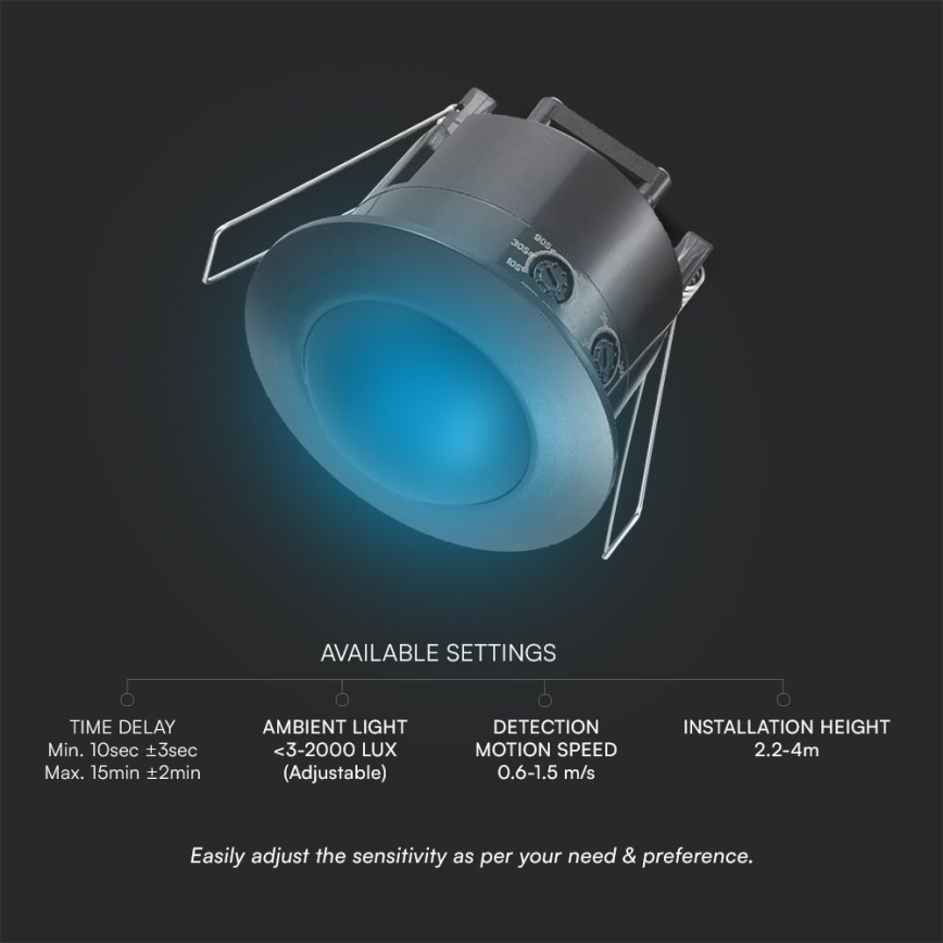 Recessed motion sensor PIR 360° 500W/230V zwart