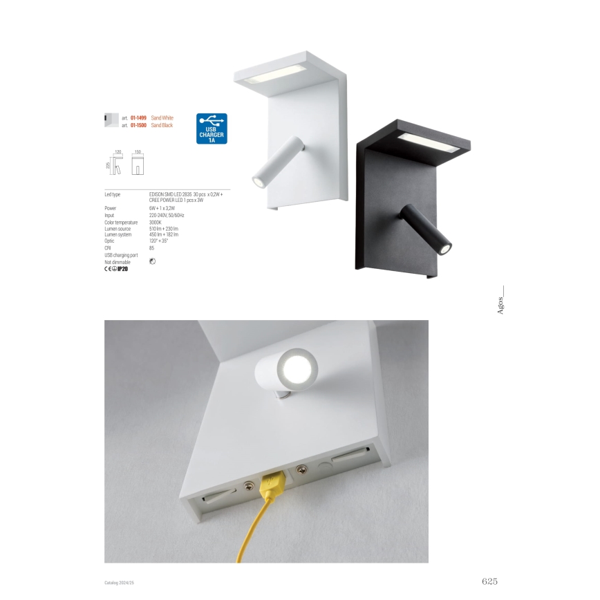 Redo 01-1499 - LED Wandspot AGOS LED/6W/230V + LED/3,2W USB wit