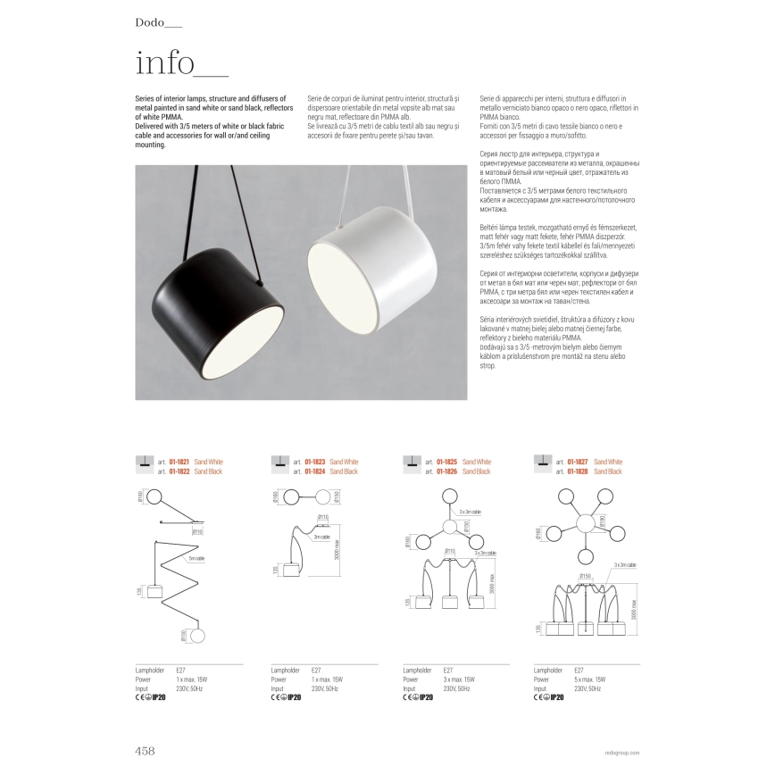 Redo 01-1821 - Hanglamp aan een koord DODO 1xE27/15W/230V spin wit