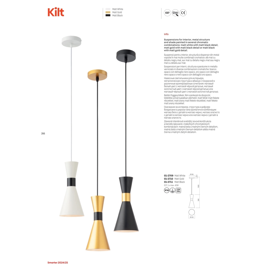 Redo 01-2709 - Hanglamp aan een koord KILT 1xE27/42W/230V diameter 12 cm wit