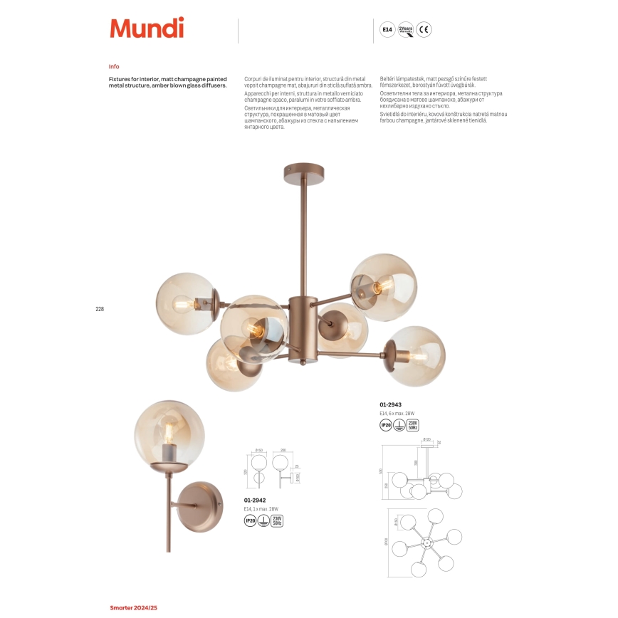 Redo 01-2942 - Wandlamp MUNDI 1xE14/28W/230V koper/rookglas