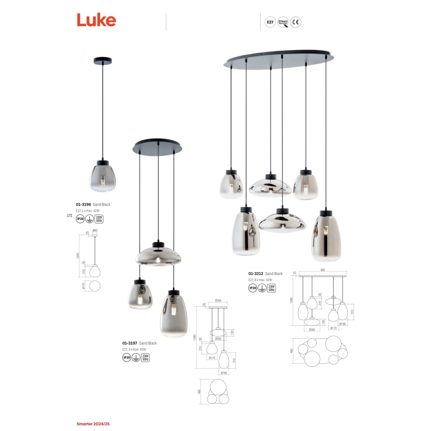 Redo 01-3212 - Hanglamp aan een koord LUKE 6xE27/42W/230V zwart