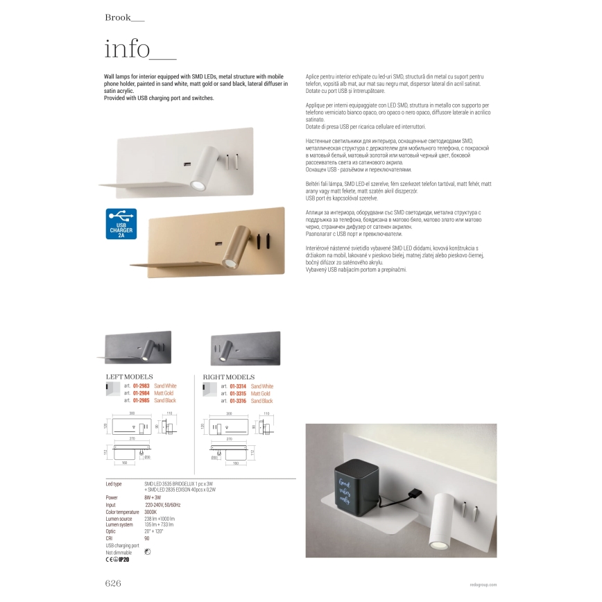 Redo 01-3316 - LED Wandspot BROOK LED/8W/230V + LED/3W USB CRI 90 zwart rechts