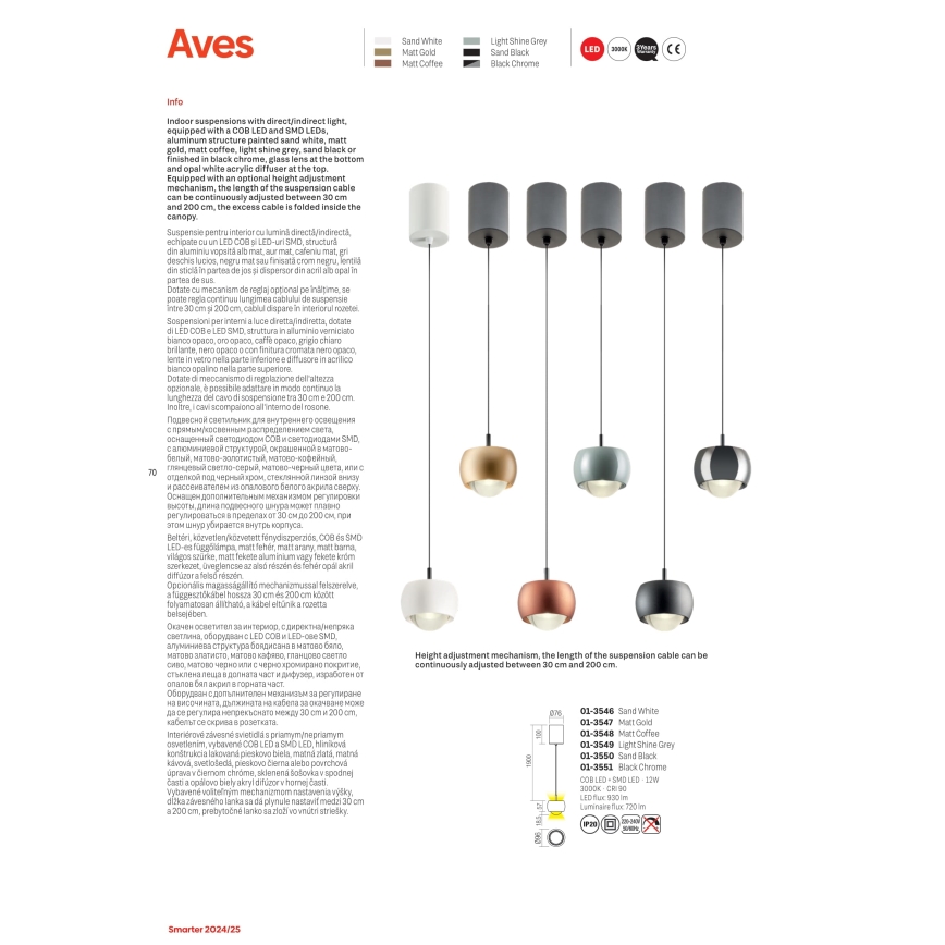 Redo 01-3548 - LED Hanglamp aan een koord AVES LED/12W/230V diameter 9,6 cm CRI 90 koper