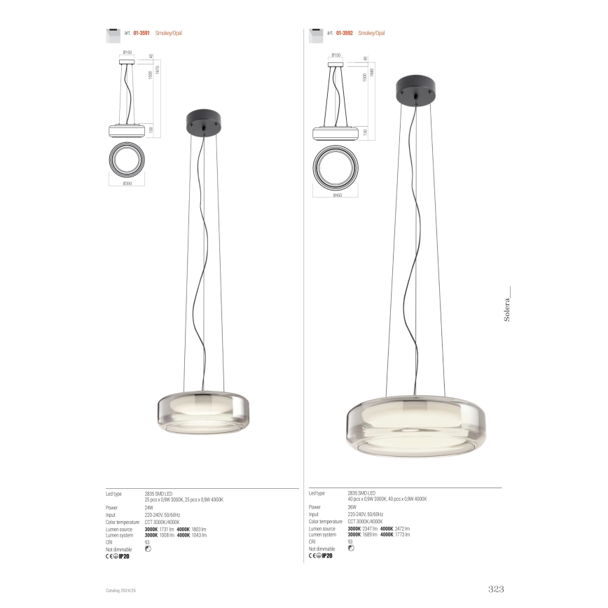 Redo 01-3592 - LED Hanglamp aan een koord SOLERA LED/36W/230V diameter 45 cm CRI 93 3000/4000K grijs