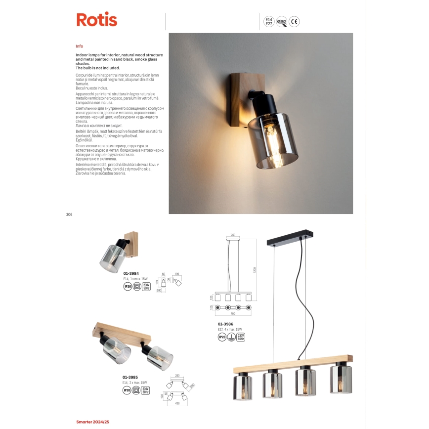 Redo 01-3986 - Hanglamp aan een koord ROTIS 4xE27/15W/230V