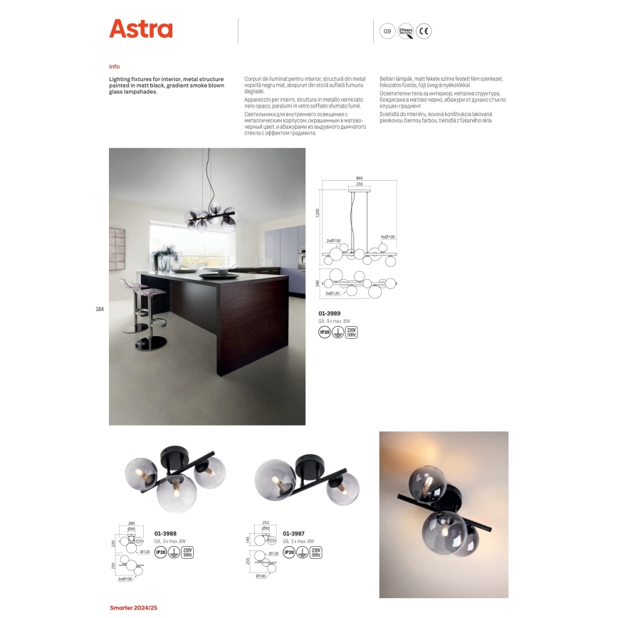 Redo 01-3989 - Hanglamp aan een koord ASTRA 9xG9/8W/230V zwart