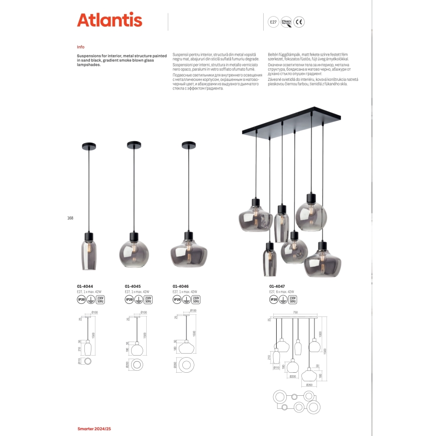 Redo 01-4046 - Hanglamp aan een koord ATLANTIS 1xE27/42W/230V diameter 26 cm zwart