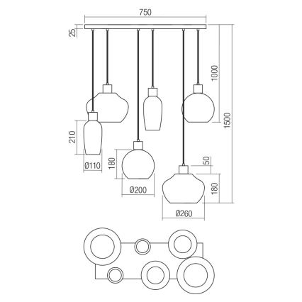 Redo 01-4047 - Hanglamp aan een koord ATLANTIS 6xE27/42W/230V zwart