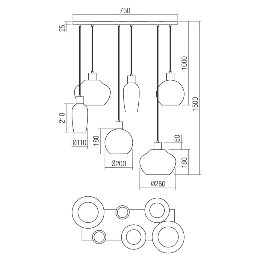 Redo 01-4047 - Hanglamp aan een koord ATLANTIS 6xE27/42W/230V zwart