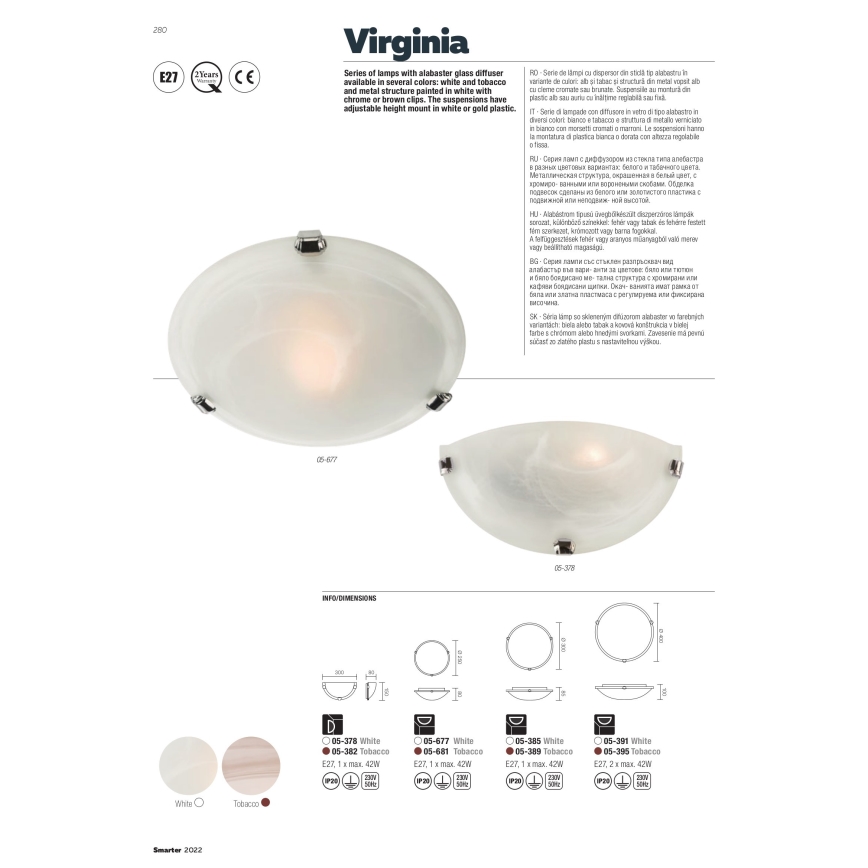 Redo 05-677 - Plafondlamp VIRGINIA 1xE27/42W/230V diameter 25 cm wit