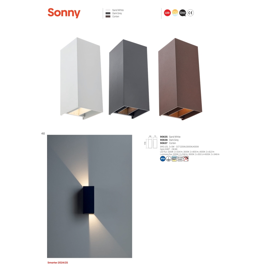 Redo 90635 - LED Wandlamp voor buiten SONNY 2xLED/5W/230V 2200/3000/4000K IP54 wit