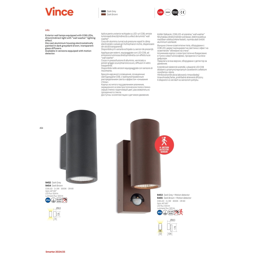 Redo 9453 - LED Wandlamp voor buiten met sensor VINCE 2xLED/3W/230V IP54 antraciet