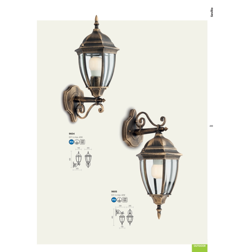 Redo 9604 - Buiten wandlamp SEVILLA 1xE27/42W/230V IP44 goud/patina