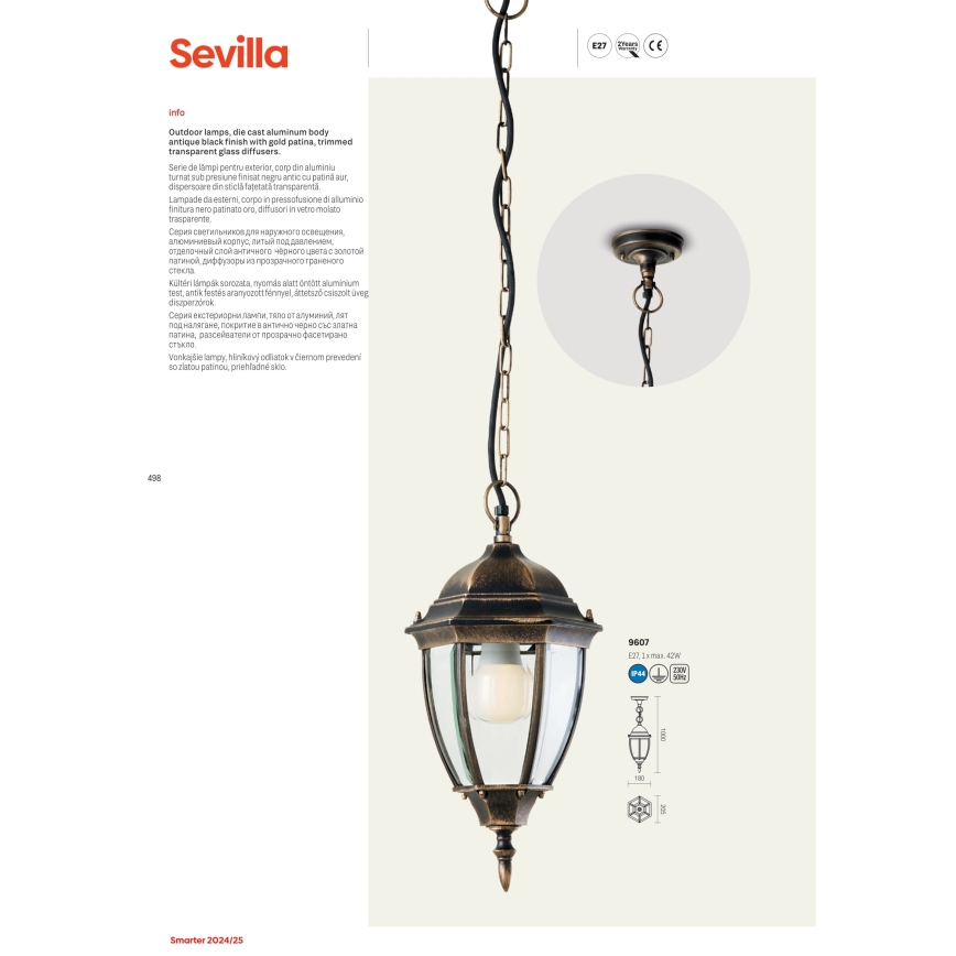 Redo 9606 - Buitenlamp SEVILLA 1xE27/42W/230V IP44 goud/patina