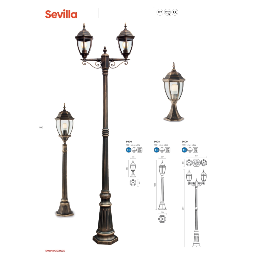 Redo 9606 - Buitenlamp SEVILLA 1xE27/42W/230V IP44 goud/patina