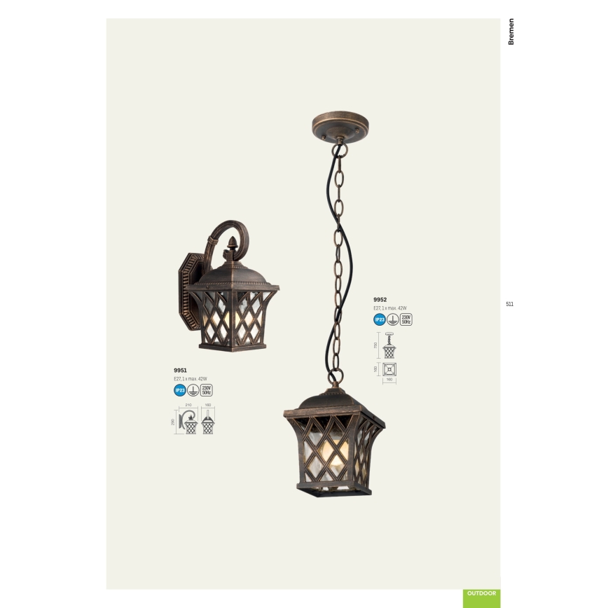 Redo 9951 - Buiten wandlamp BREMEN 1xE27/42W/230V IP23 goud/patina