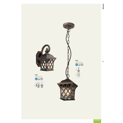 Redo 9952 - Hanglamp aan een ketting voor buiten BREMEN 1xE27/42W/230V IP23 goud/patina