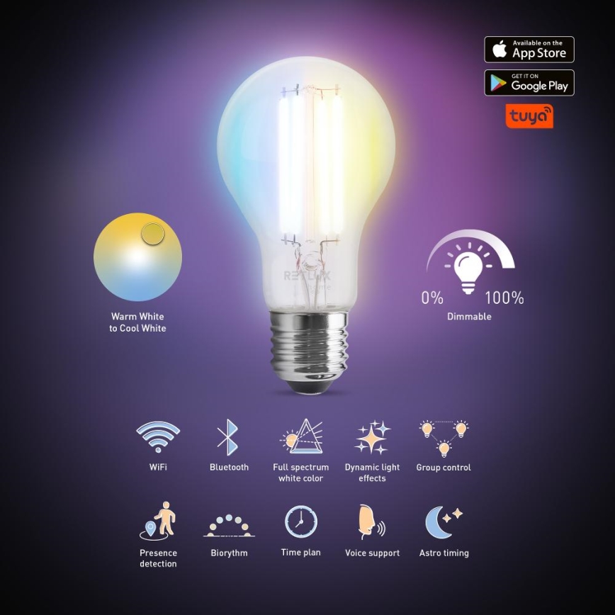 Dimbare LED Lamp FILAMENT A60 E27/7W/230V 2700-6500K Wi-Fi Tuya