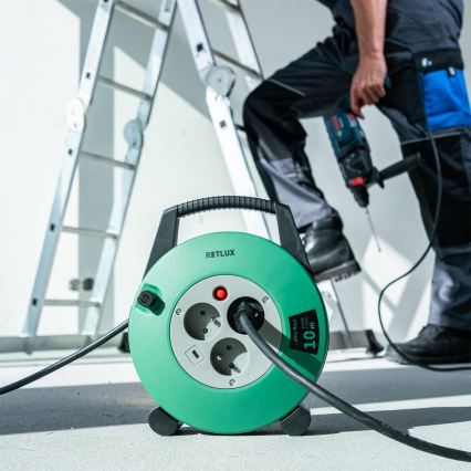 Retlux - Haspelverlengsnoer 3-voudig, Type E, 10 m, groen/zwart