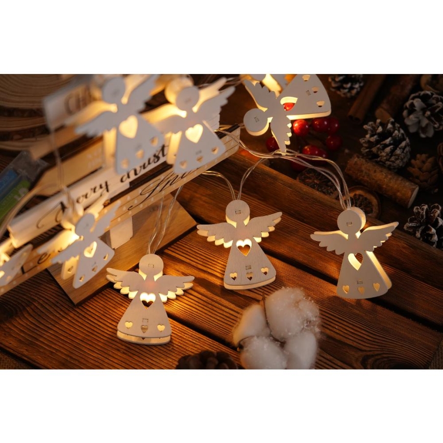 LED kerstlichtsnoer 10xLED/2xAA/warm wit 2m met engeltjes