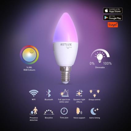 LED RGBW dimbare lamp C37 E14/4,5W/230V 2700-6500K Wi-Fi Tuya