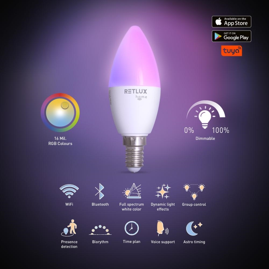 LED RGBW dimbare lamp C37 E14/4,5W/230V 2700-6500K Wi-Fi Tuya