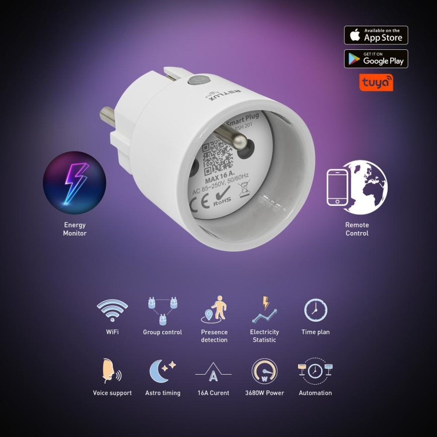 Slim stopcontact 3680W/230V/Type E/16A Wi-Fi Tuya
