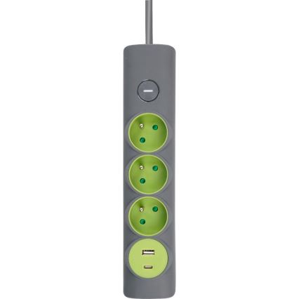 Retlux - Verlengsnoer met schakelaar, 3 stopcontacten (Type E) + 1x USB-A + 1x USB-C, 1,4 m, grijs