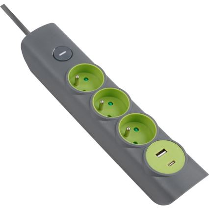 Retlux - Verlengsnoer met schakelaar, 3 stopcontacten (Type E) + 1x USB-A + 1x USB-C, 1,4 m, grijs