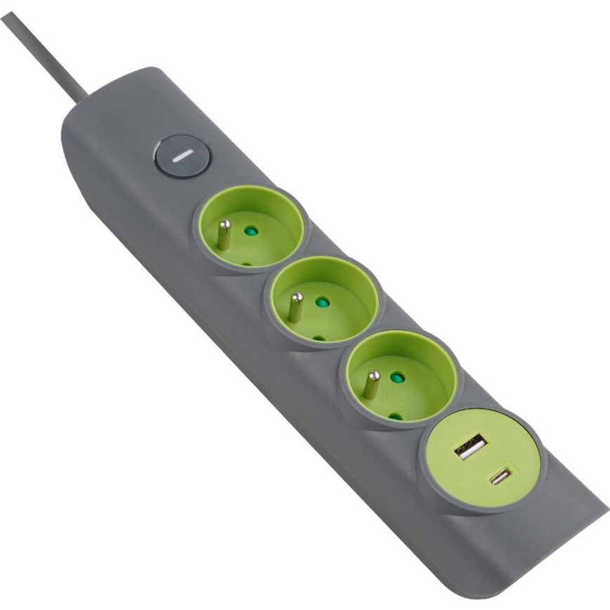 Retlux - Verlengsnoer met schakelaar, 3 stopcontacten (Type E) + 1x USB-A + 1x USB-C, 1,4 m, grijs