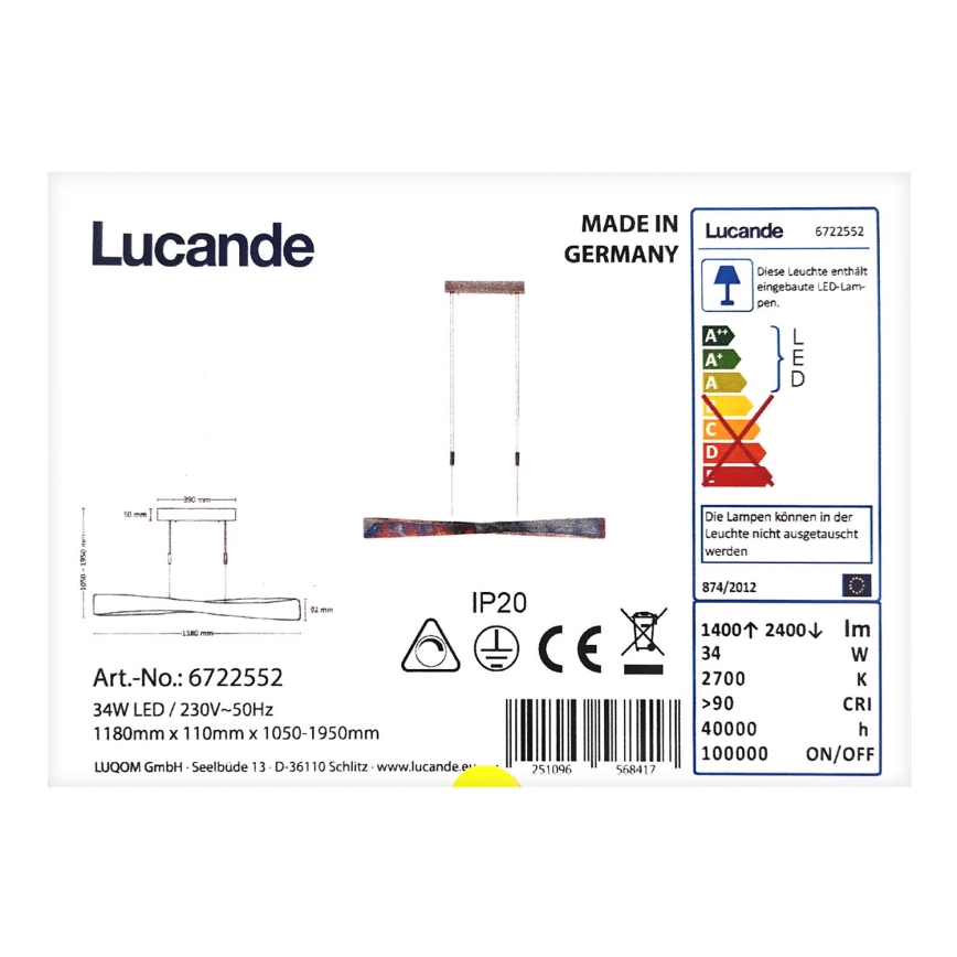 Rothfels -  Dimbare LED hanglamp aan een koord  LIAN LED/34W/230V CRI 90