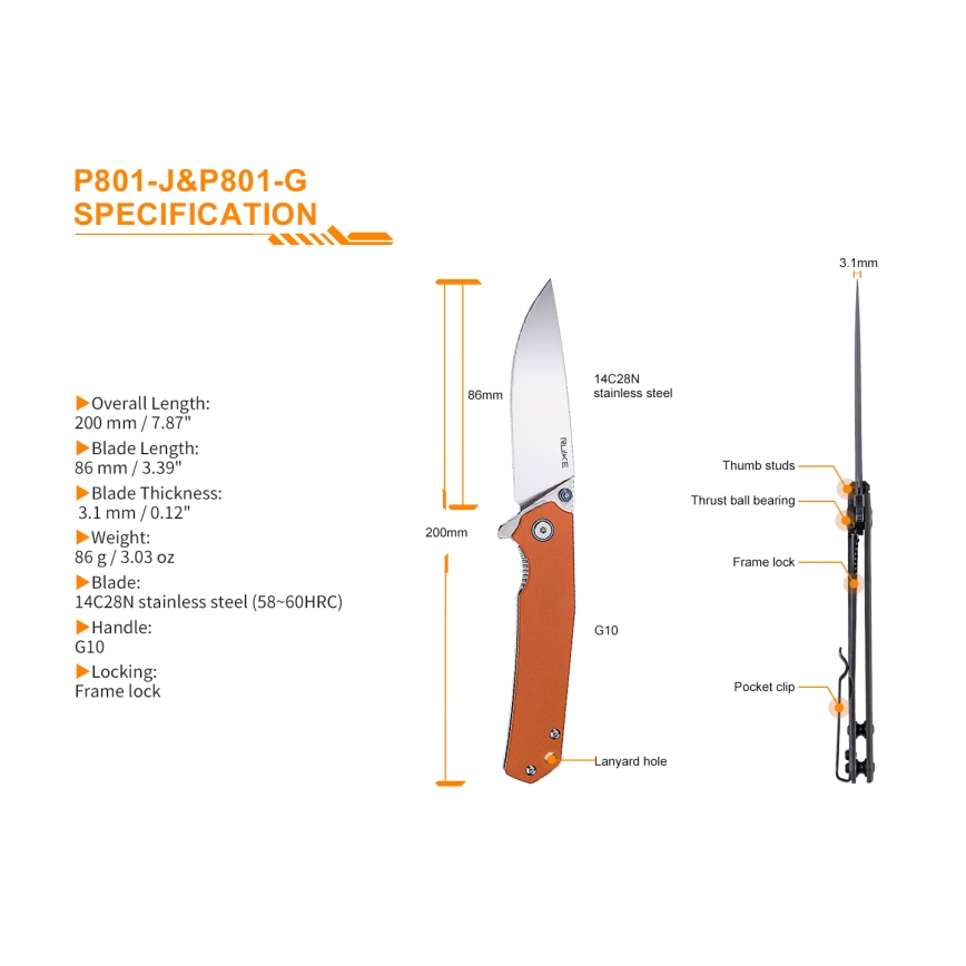 Ruike RUP801J - Opvouwbaar zakmes 20 cm oranje