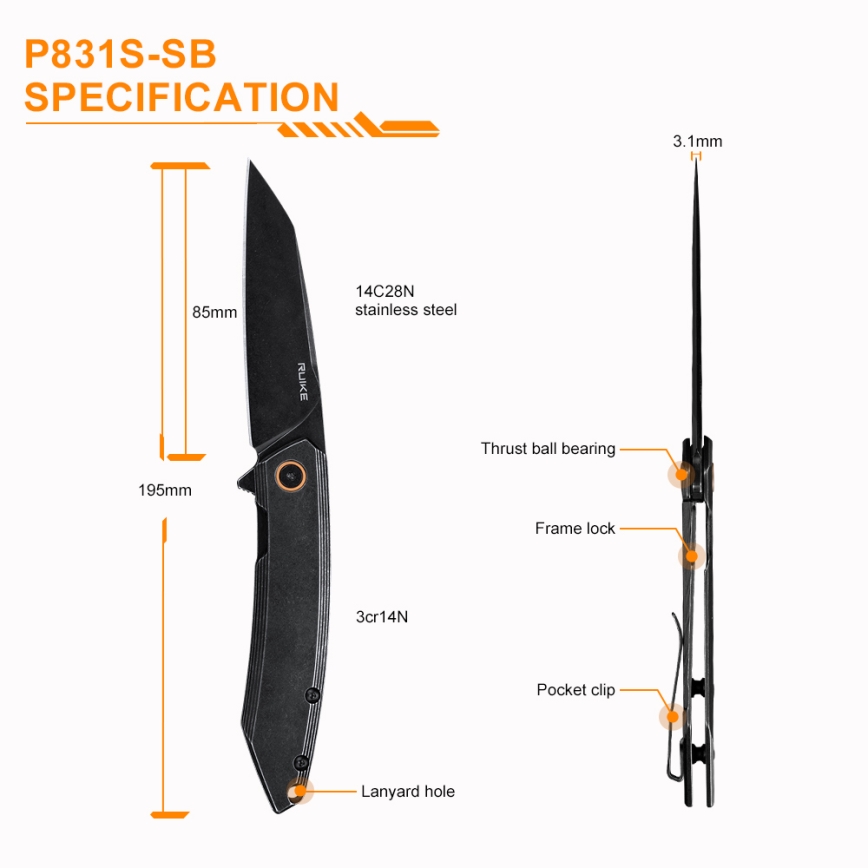 Ruike RUP831SSB - Opvouwbaar compact mes 19,5 cm zwart