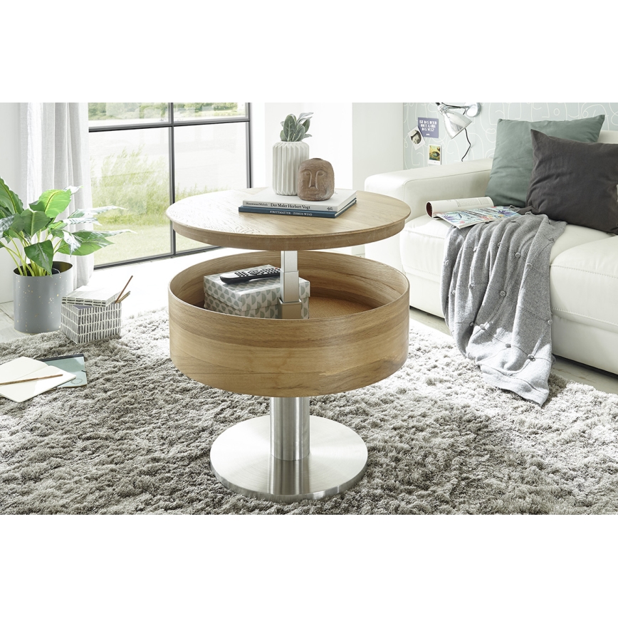 Salontafel ELEMENT met liftfunctie, Ø 60 cm, eiken/zilver