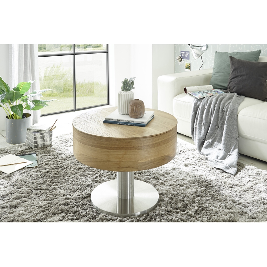 Salontafel ELEMENT met liftfunctie, Ø 60 cm, eiken/zilver